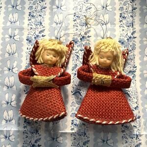 VTG MCM 2 Red Burlap Angel Christmas Ornaments Yarn Hair Plastic Face Handmade
